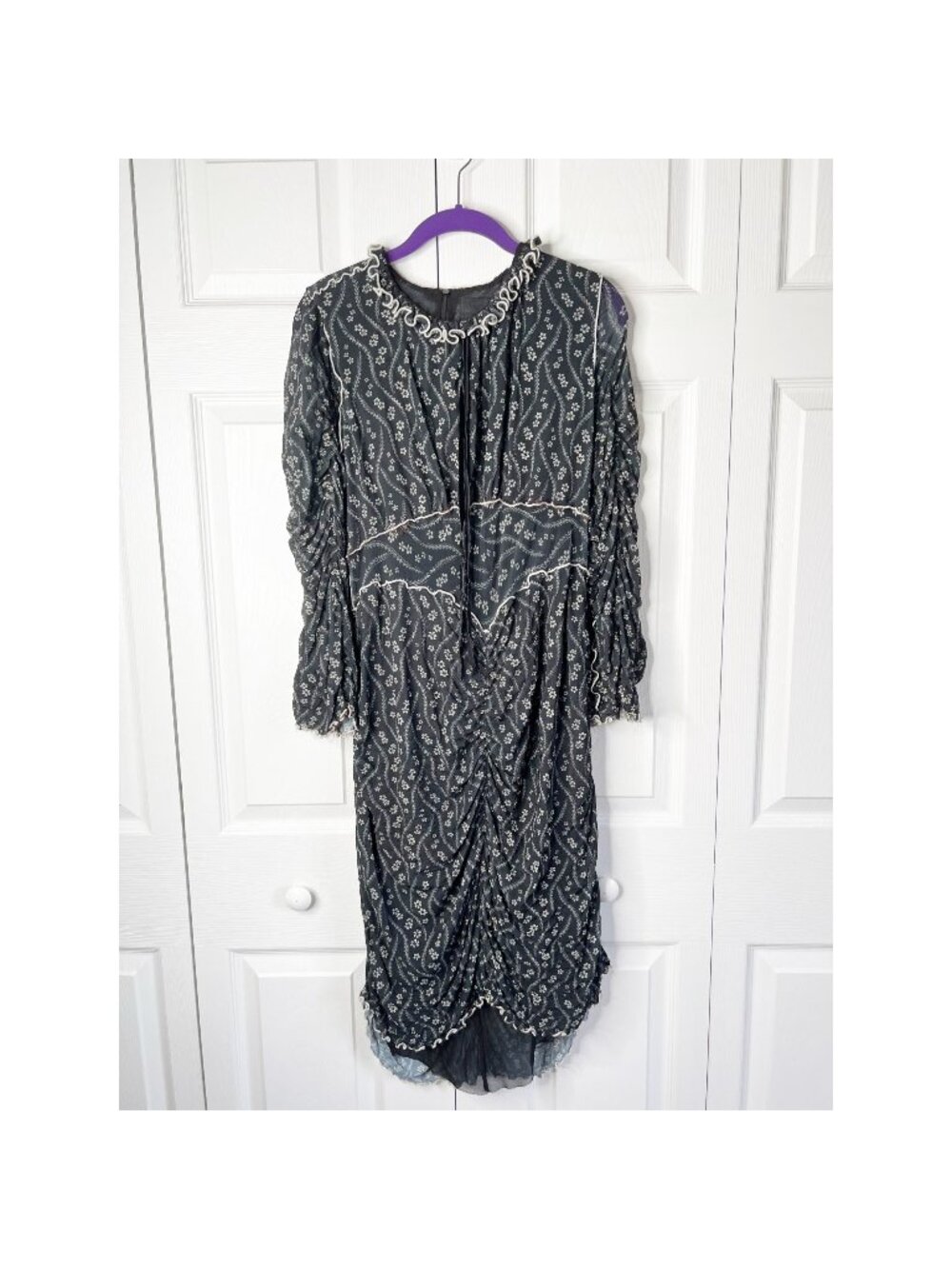 Anna Sui Posies Black Mesh Bell Sleeve Ribbon Dress Women's Size Large L